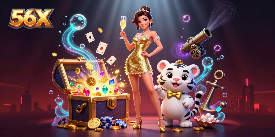 Experience thrilling gambling action at 56X with a glamorous scene featuring a lucky tiger cub and vibrant casino elements.
