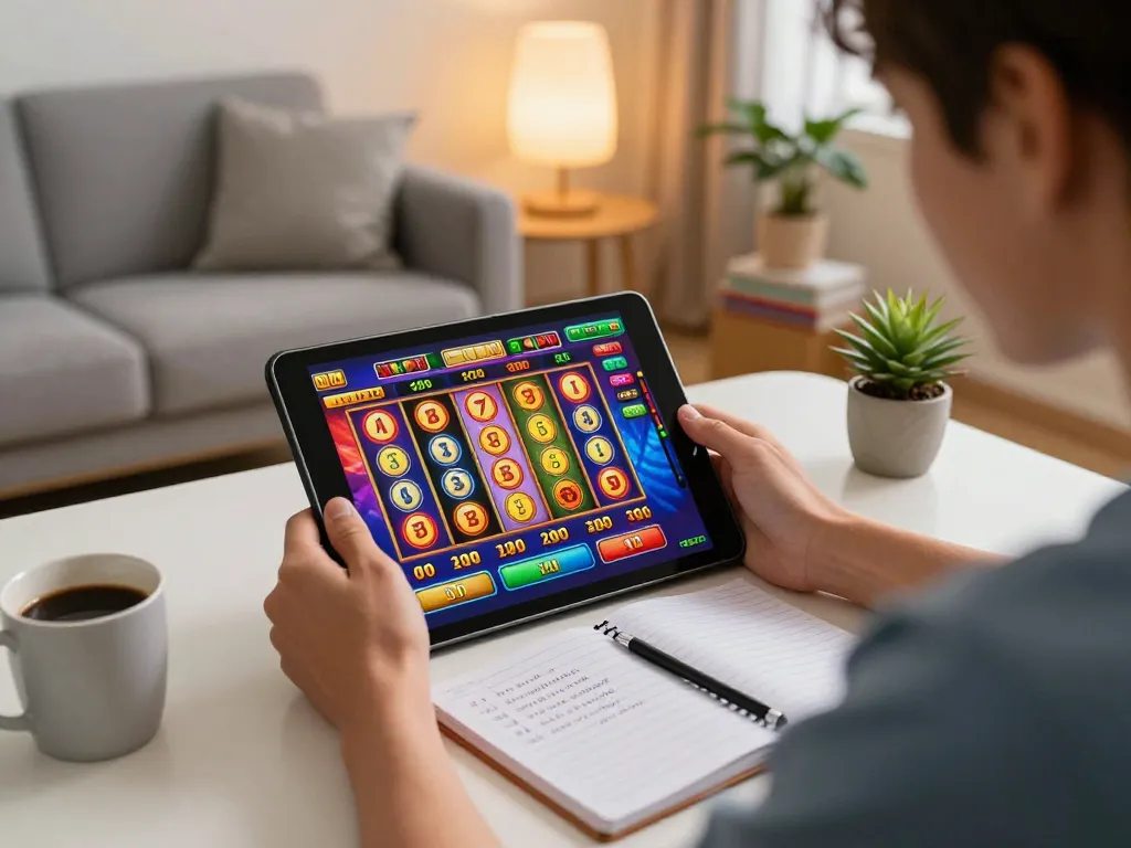 Player enjoying engaging slot games on a tablet in a cozy home setting, showcasing colorful game interface.
