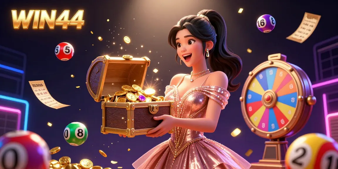 Experience the excitement of WIN444 with golden treasures and dynamic game elements in this vibrant illustration.