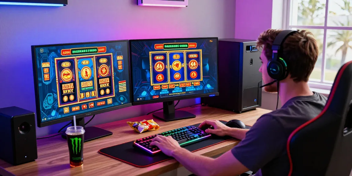 Interaktive Spielumgebung mit einem Spieler, der ein Paysafe Card Casino Erlebnis genießt, vertieft in bunte Spielanzeigen und Gaming-Zubehör.