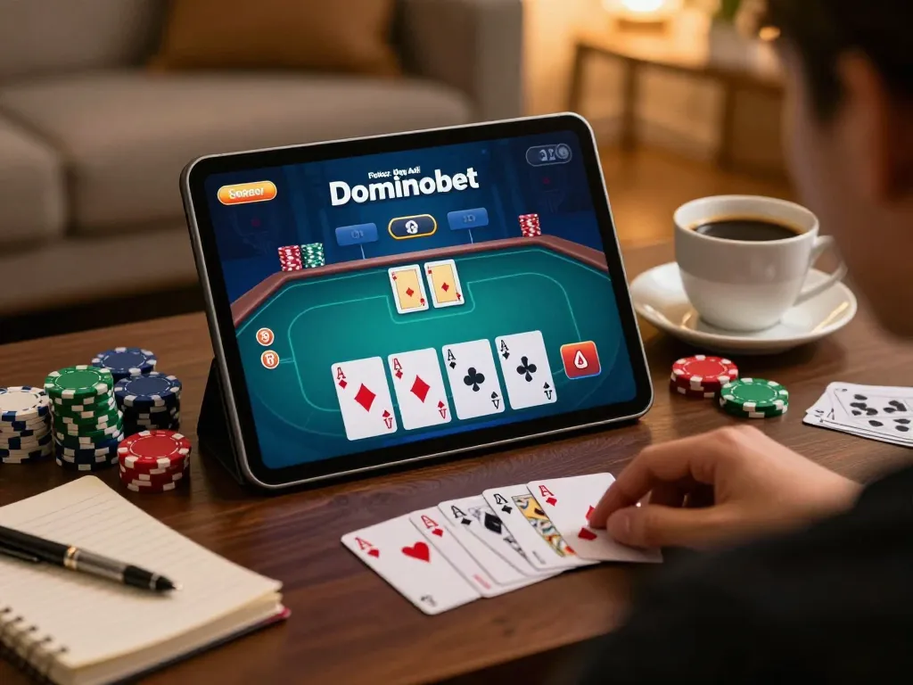 Engaging with Poker Uang Asli Dominobet online gameplay on a tablet in a cozy home setting.