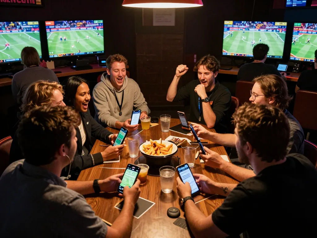 Bongdalu users placing bets on their smartphones during an exciting game day with friends.