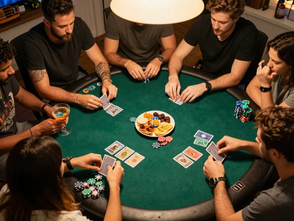 LC99 players strategizing during riveting home poker game filled with excitement and camaraderie.