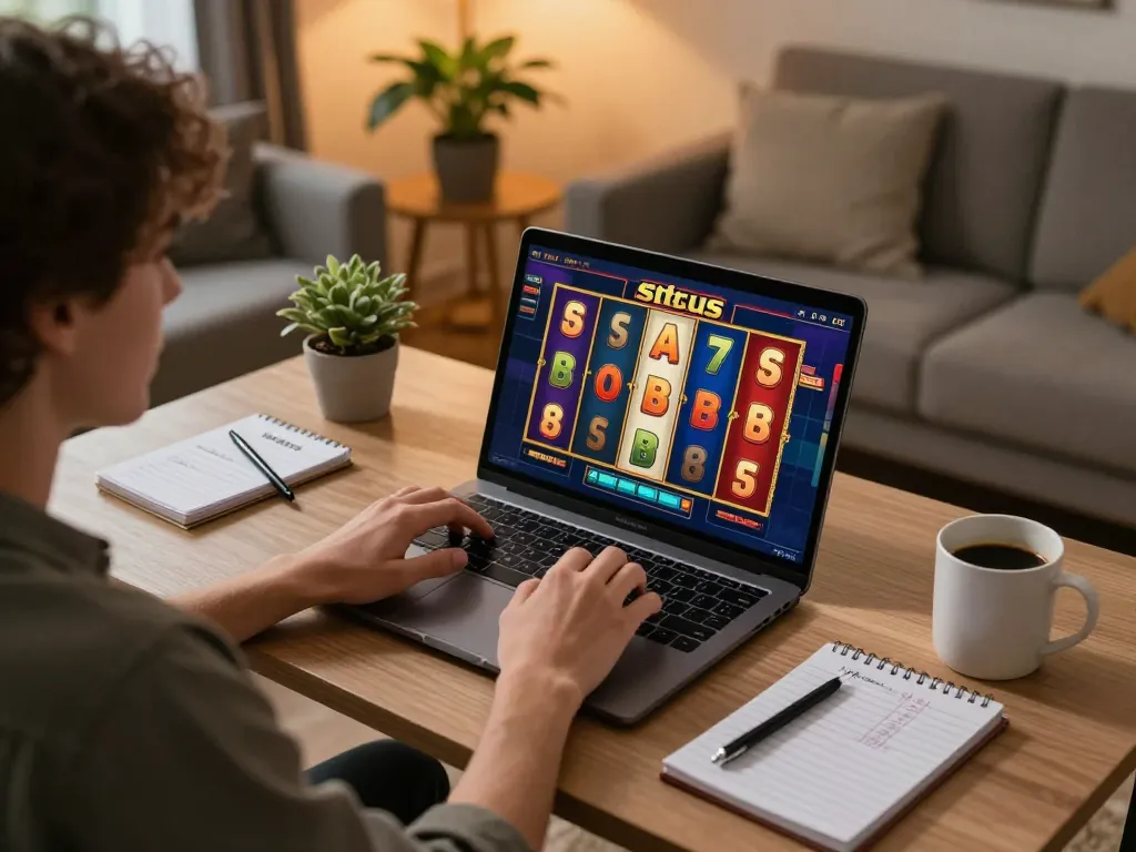 Engaging in situs slot gameplay at home, showcasing dynamic gaming action on a laptop.