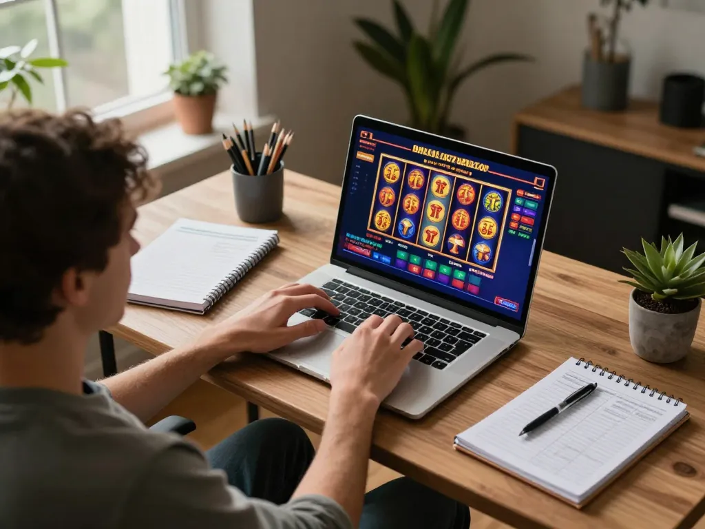 Engaged player exploring sites not on Gamstop for online casino games, showing laptop screen with vibrant slots