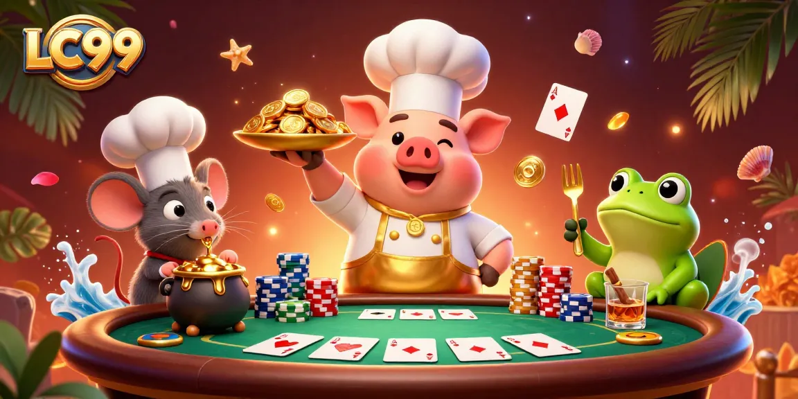 Engage with LC99 while enjoying a lively casino scene featuring coins, poker chips, and playful characters.