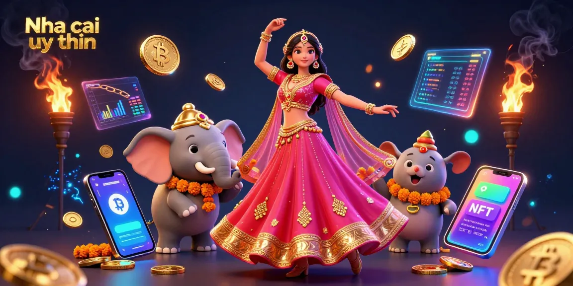 Nha cai uy tin showcases an Asian woman in vibrant attire surrounded by casino and crypto elements, embracing excitement and energy.