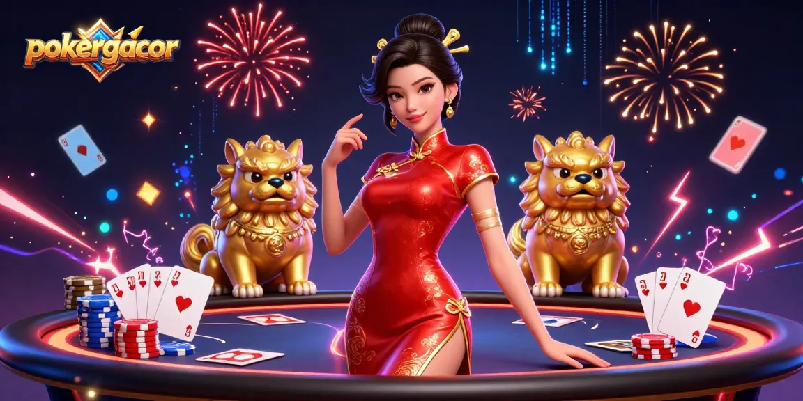 Engage with pokergacor's exhilarating poker tables surrounded by festive characters and vibrant game elements.