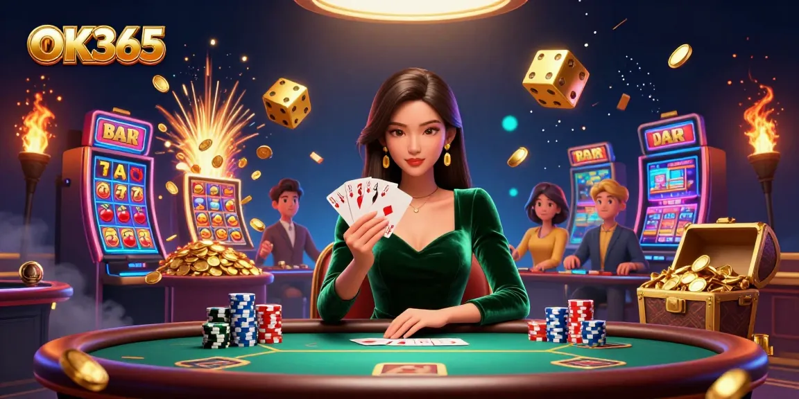 Experience the excitement of OK365 with a stunning poker scene featuring a strategic Asian woman at a luxury table.