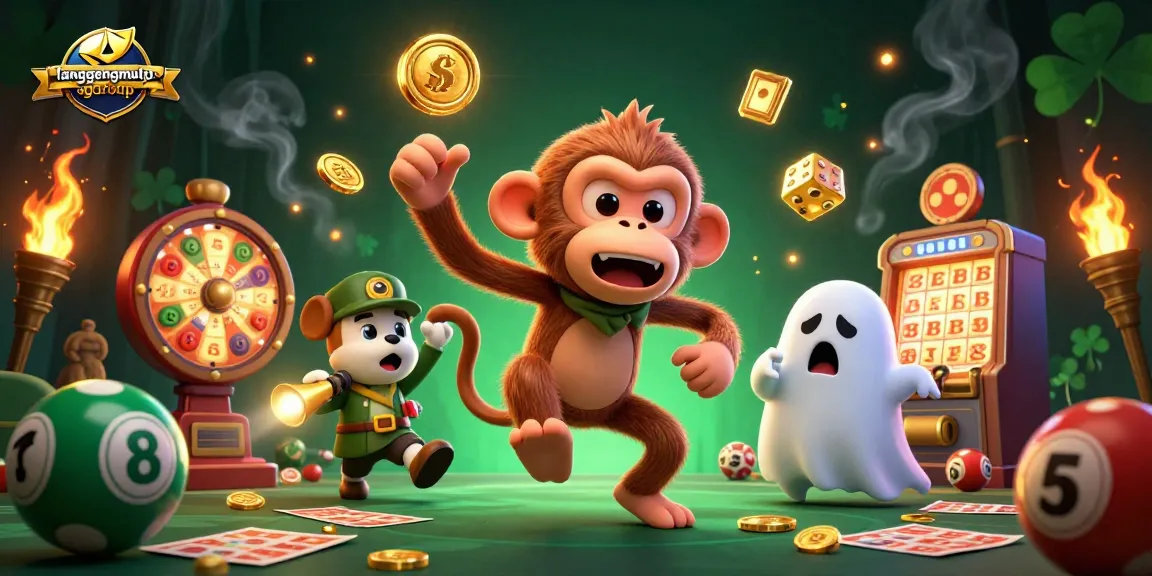 Win prizes with langgengmulyogroup by tracking the mischievous monkey juggling lottery balls and golden elements.