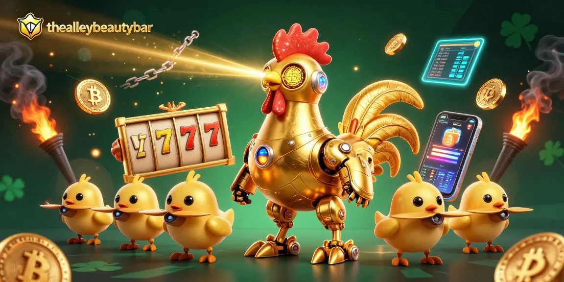 Thealleybeautybar showcases an exciting 3D casino scene featuring a golden rooster robot amidst slot reels and crypto elements.