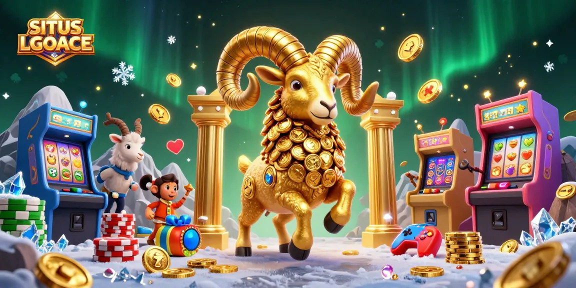 SITU LGOACE showcases a festive slot gaming scene with golden ram and vibrant arcade machines, emphasizing casino thrills.