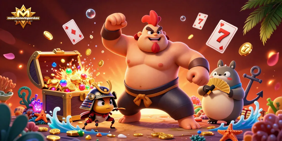 Experience thrilling gameplay with modestomovingservices in a vibrant casino-themed 3D illustration featuring a sumo rooster.