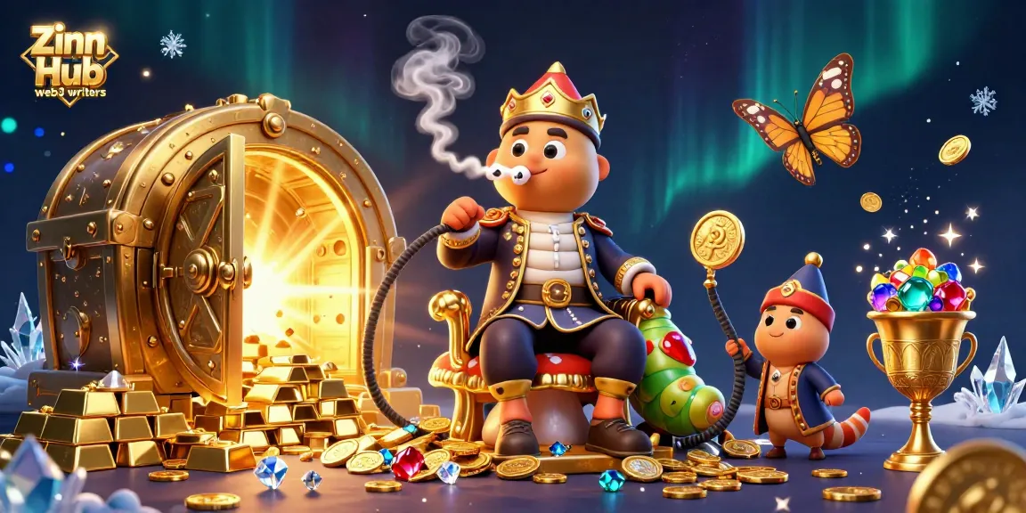 Zinn Hub web3 writers showcase poker-themed content with a magical 3D illustration in a casino setting.