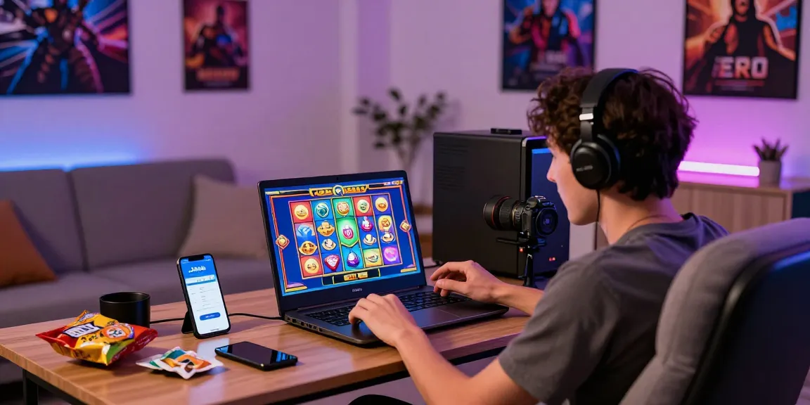 Engaging in slot deposit dana gaming on a laptop with DANA payment app visible, energetic home setup.