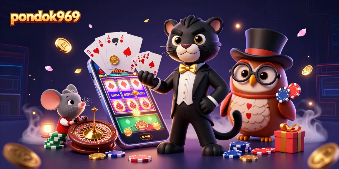 Experience the excitement at pondok969 with a vibrant casino scene featuring a tuxedoed panther, poker owl, and lucky mouse.