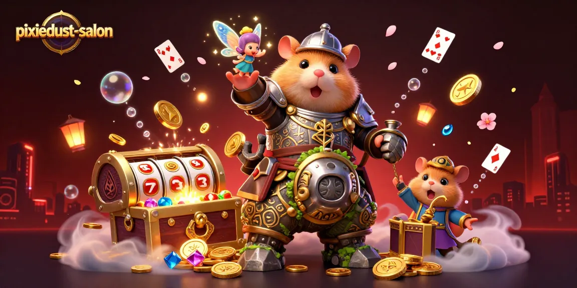 Experience magical wins with a vibrant pixiedust-salon illustration featuring a golem and hamster knight.