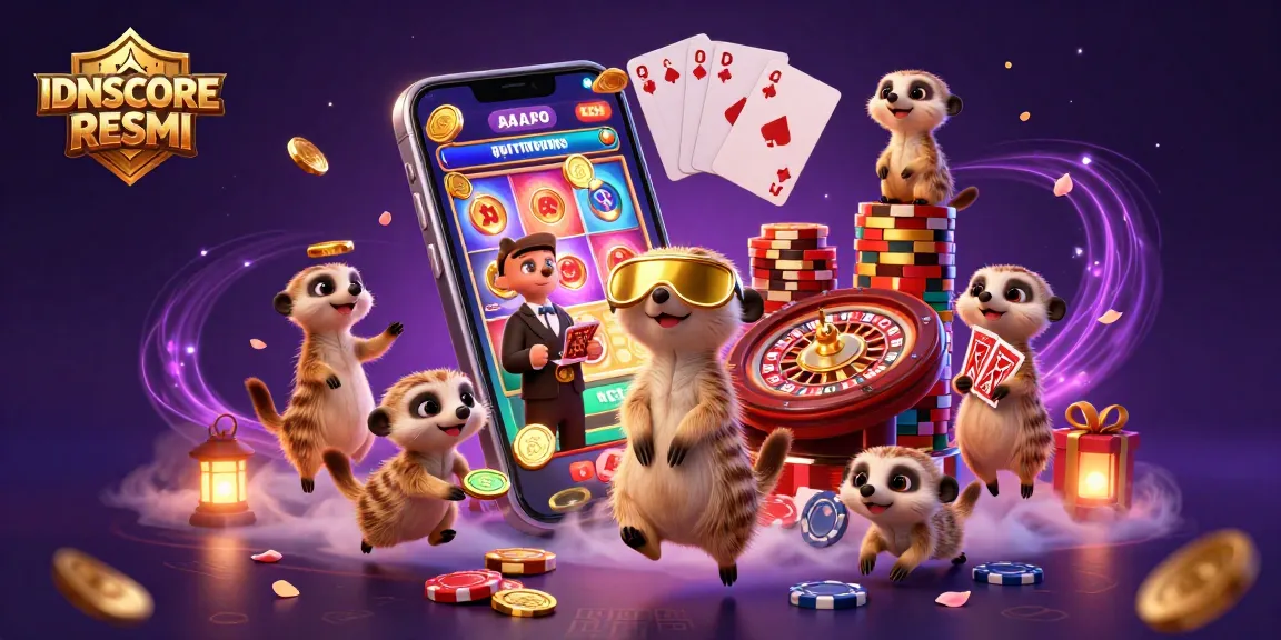 IDNSCORE RESMI showcases meerkats managing a vibrant casino with striking gaming features.