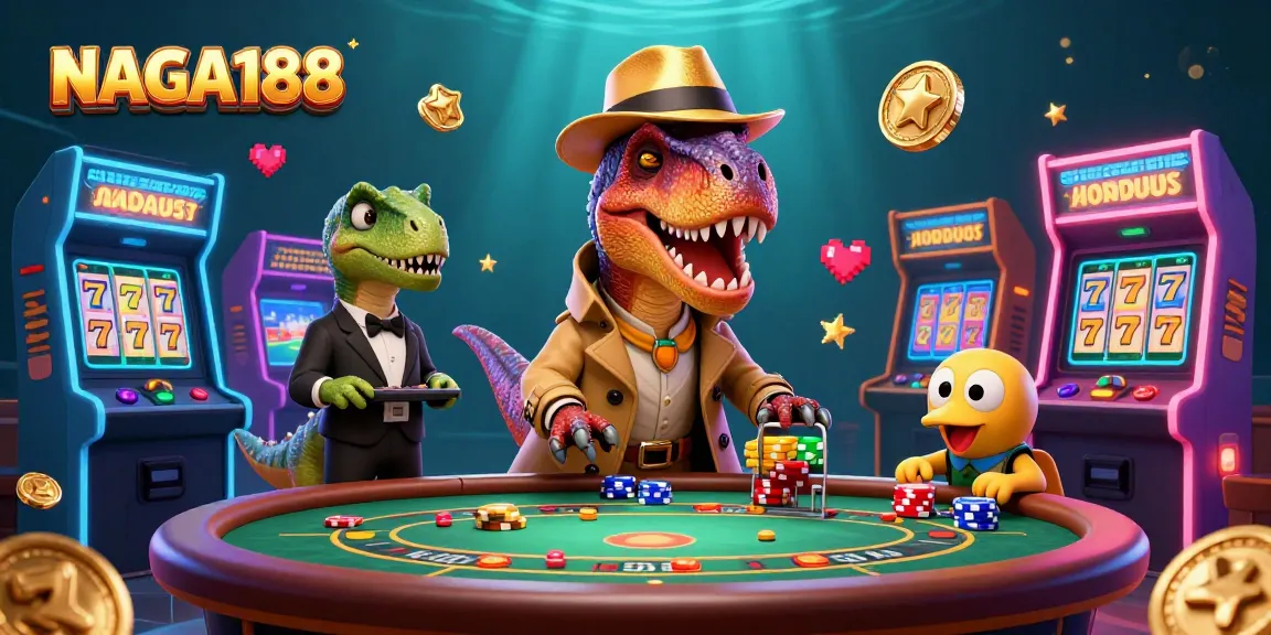 Rasakan sensasi memenangkan permainan kasino bersama NAGA188 dengan ilustrasi karakter menarik dan mesin slot.