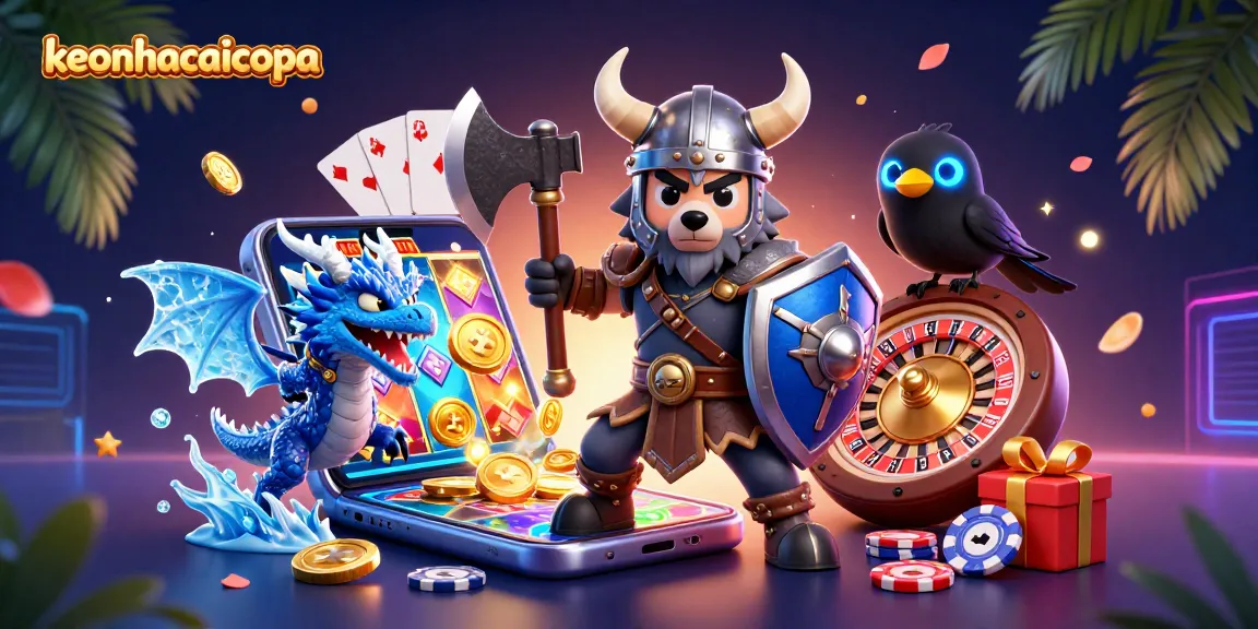 Win exciting rewards at keonhacaicopa with a vibrant casino scene featuring a Viking wolf warrior and a fierce dragon.