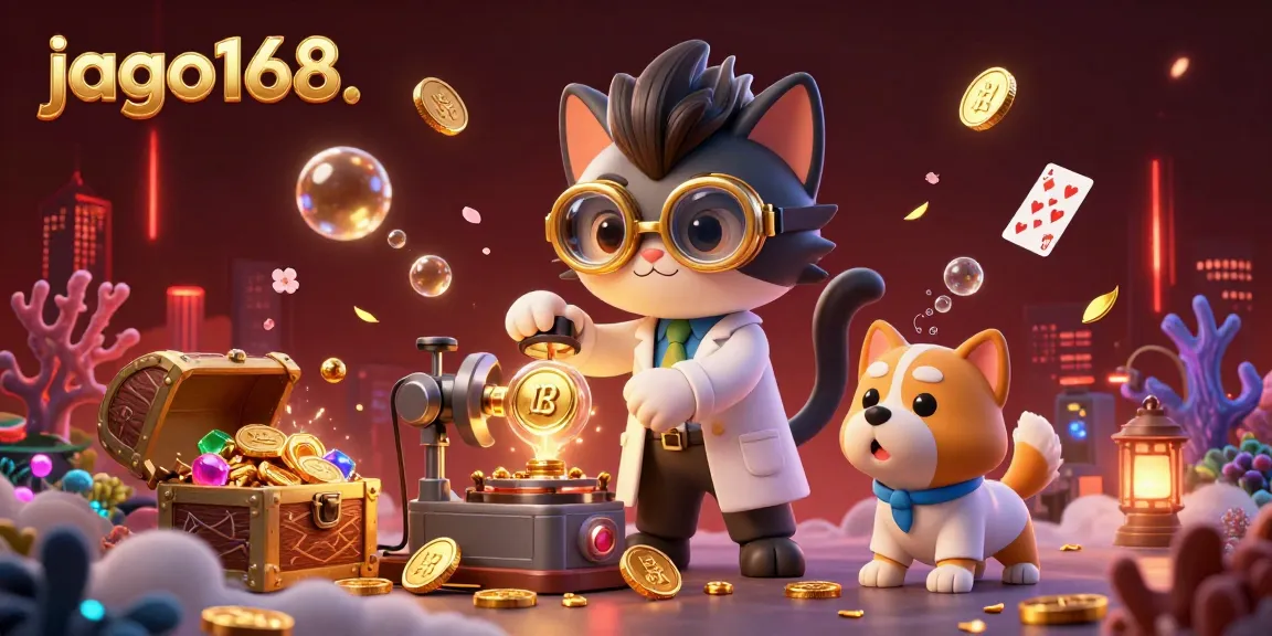 Engage with thrilling gameplay at jago168, featuring a whimsical 3D scene of a mad scientist cat and dog amid gold coins and delightful casino elements.