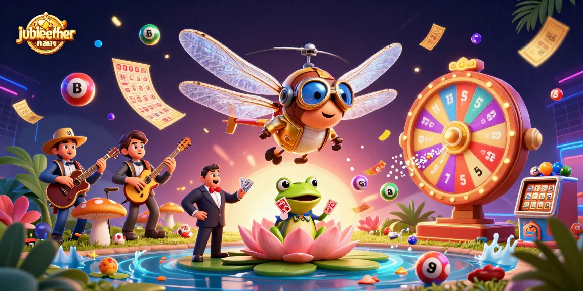 Play exciting games at jubileefuehair, featuring a vibrant lily pad casino atmosphere with animated characters.