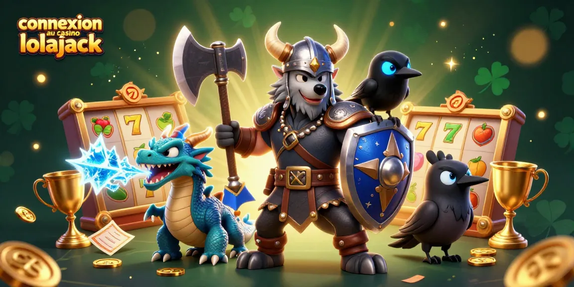 Connexion au casino lolajack : Découvrez une scène animée de jeux avec un loup viking et dragon.