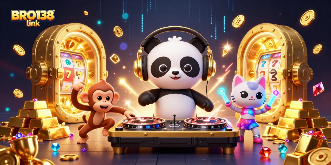 Join the excitement at BRO138 link, featuring a cartoon DJ panda and glowing casino treasures.