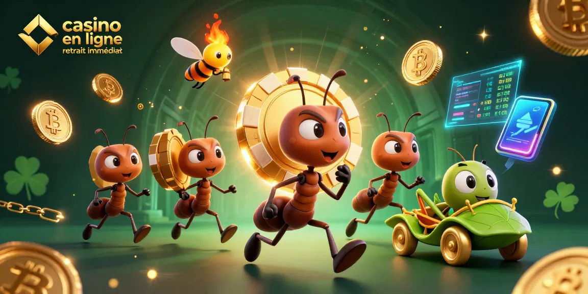 Jouez au casino en ligne retrait immédiat avec une illustration d'une équipe d'ants volant un jeton en or dans un tunnel.