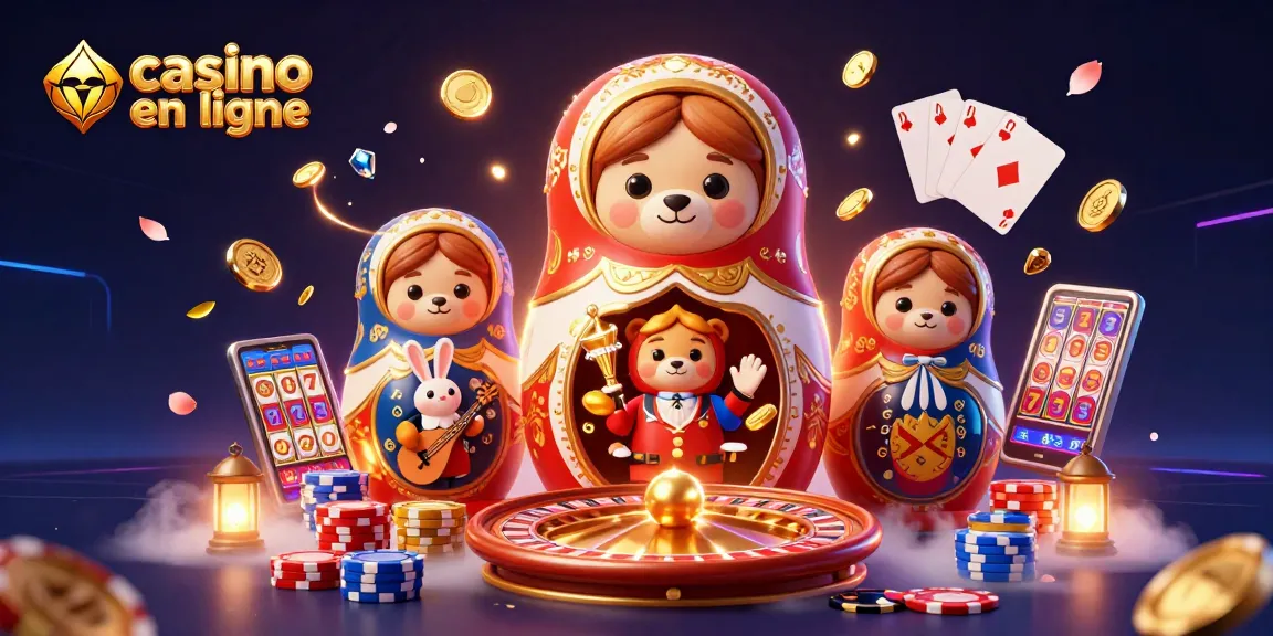 Casino en ligne : illustration dynamique avec ours matryoshka et éléments de jeu