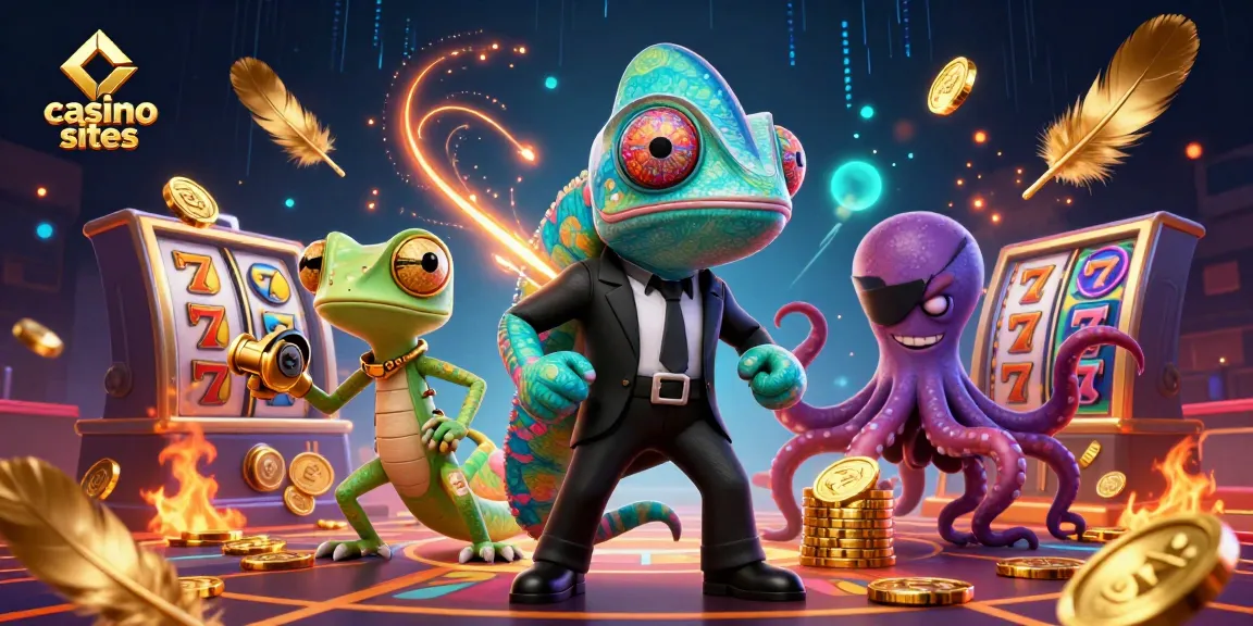 Experience thrilling casino sites with vibrant 3D characters spinning slot reels and golden tokens.