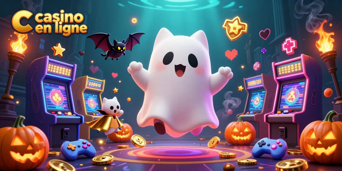 Découvrez le casino en ligne à travers un chat fantôme 3D et des éléments de jeu scintillants.