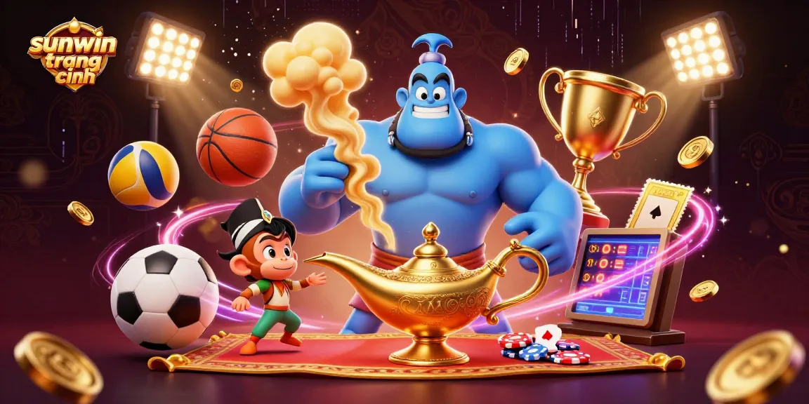 Engage with sunwin trang chính through an enchanting scene of a genie, magic, and sports elements.