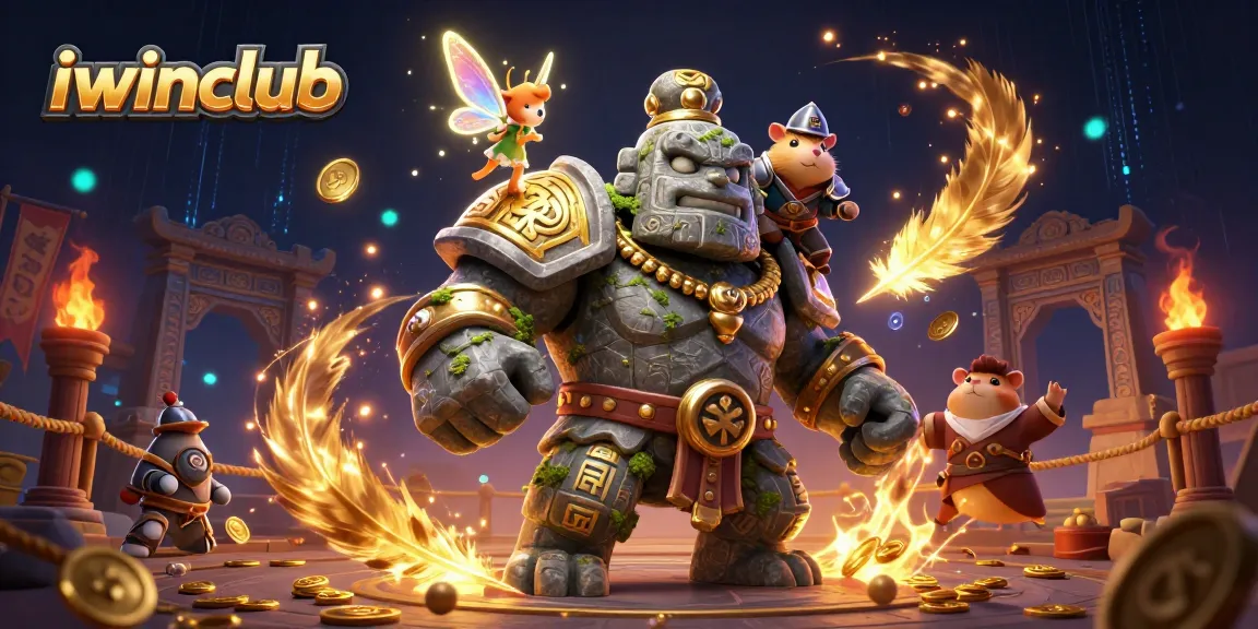 iwinclub characters cast spell in a magical casino with glowing coins and dynamic gaming elements.