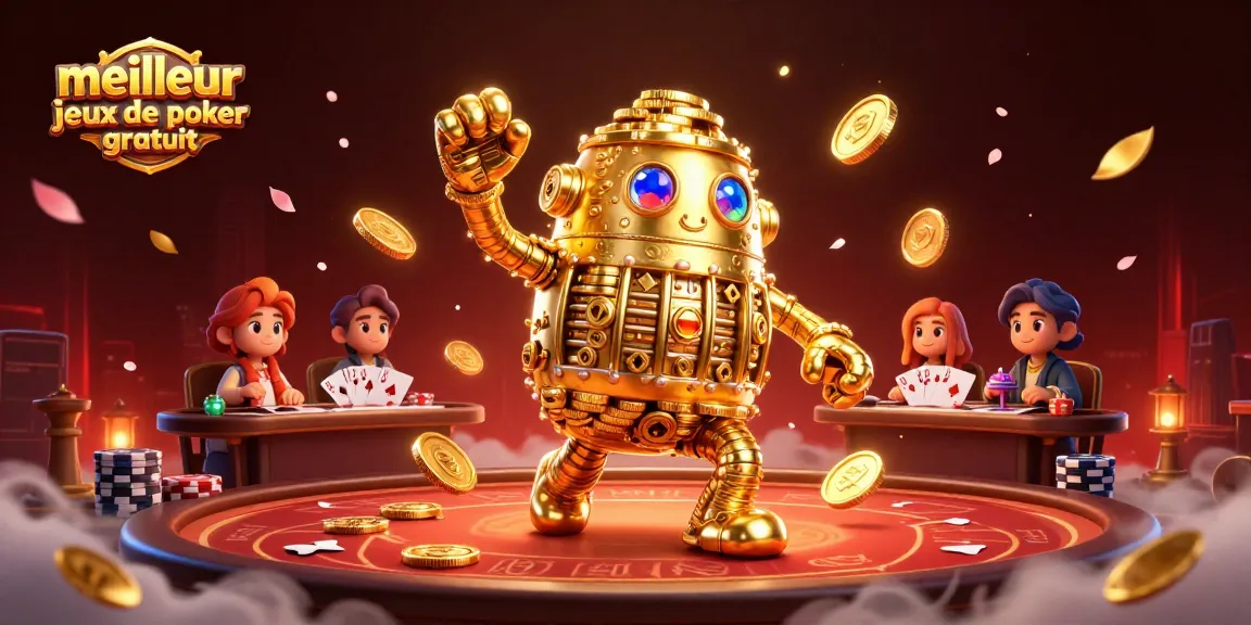 Jouer à de meilleur jeux de poker gratuit avec un golem d'or et des jetons scintillants entourés de lumière.