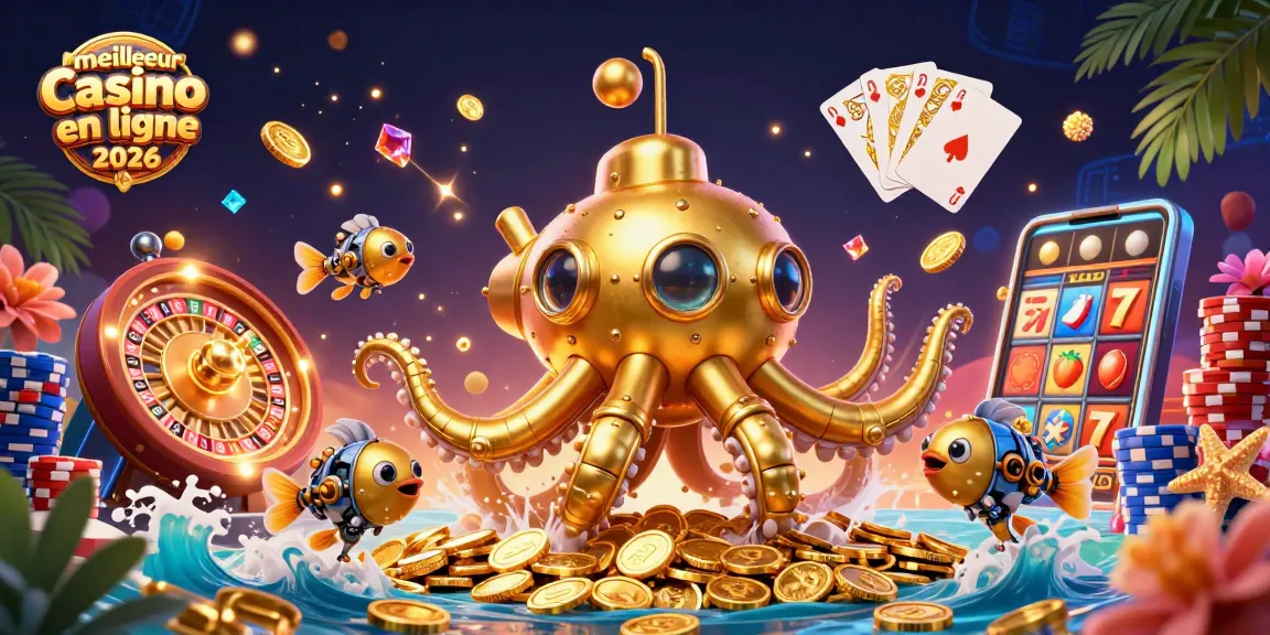 Jouer dans le meilleur casino en ligne 2026 avec une illustration dynamique de créatures marines et de jeux de hasard.