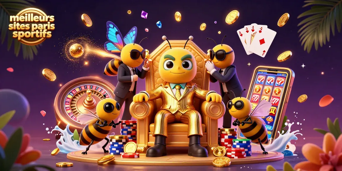 Les meilleurs sites de paris sportifs présentent un boss abeille entouré de gardes en costume, illustrant le monde des paris.