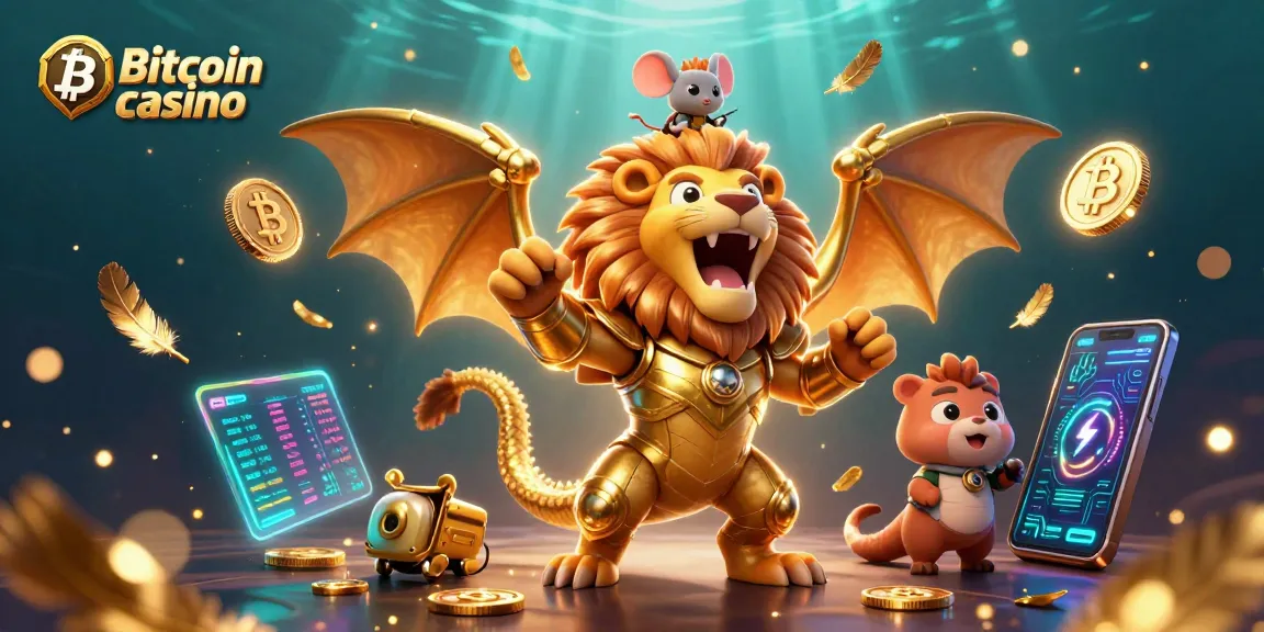 Découvrez le Bitcoin casino avec des pièces 3D flottantes et une chimère majestueuse en scène dynamique.