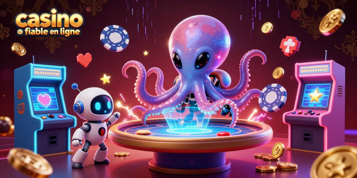 Illustration 3D d'un octopus extraterrestre jouant au poker avec des jetons en forme d'astéroïdes sur un fond lumineux, représentant un casino fiable en ligne.