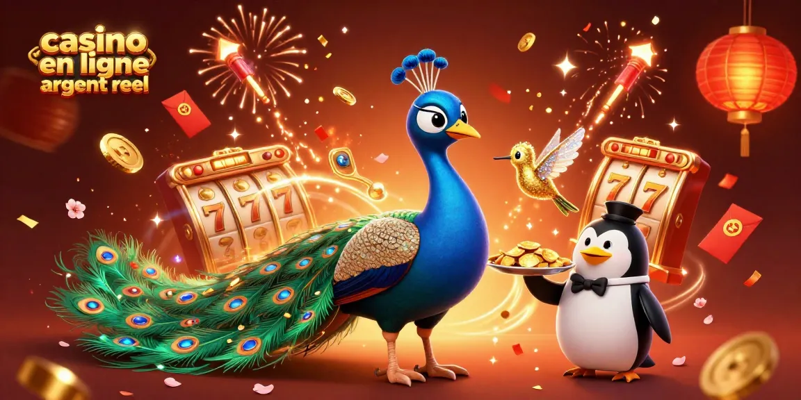 Jouez au casino en ligne argent réel avec un paon aristocratique et un pingouin majordome dans une scène festive