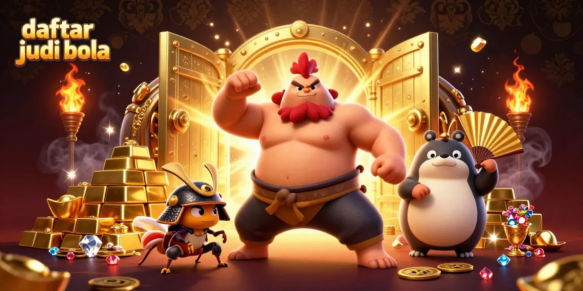 Bet on daftar judi bola with thrilling energy featuring sumo wrestler, cricket, and tanuki in a lavish scene.