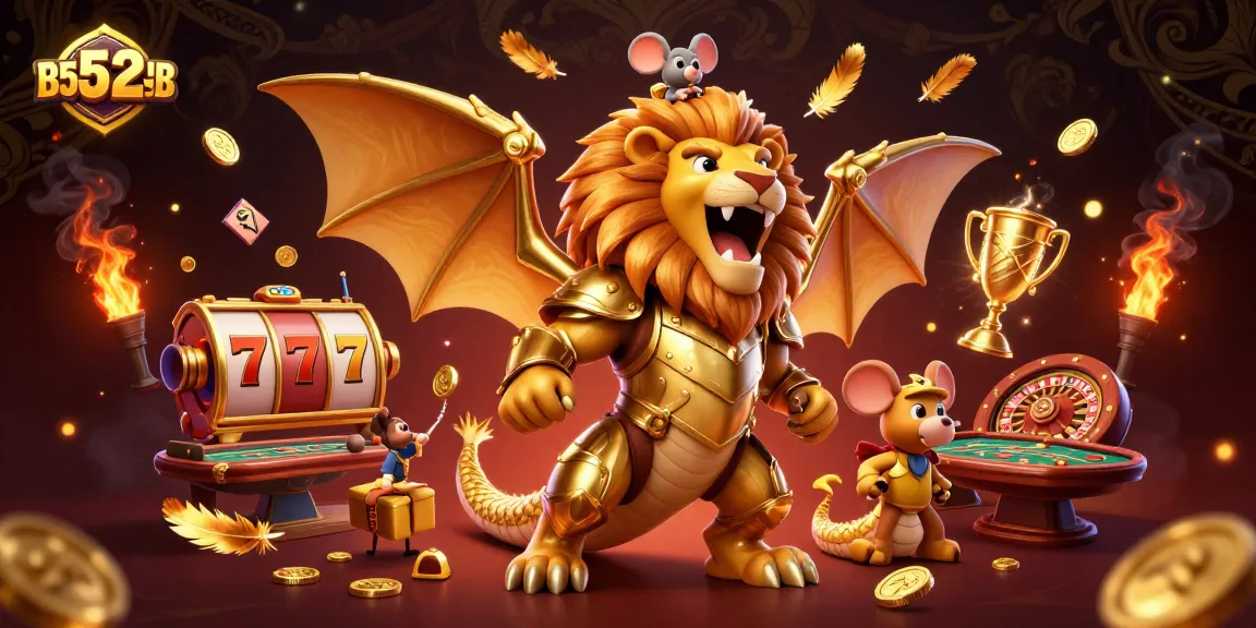 Experience thrilling gameplay at B52CLUB with a cartoon chimera, jackpot reels, and gold coins.