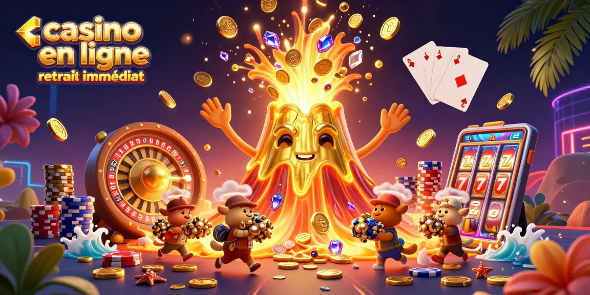 Jeux de casino en ligne retrait immédiat : Illustration 3D d'un volcan d'or avec des trésors.