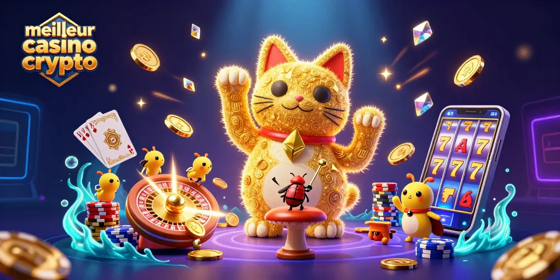 Découvrez le meilleur casino crypto avec des symboles de chance et des éléments 3D chatoyants.