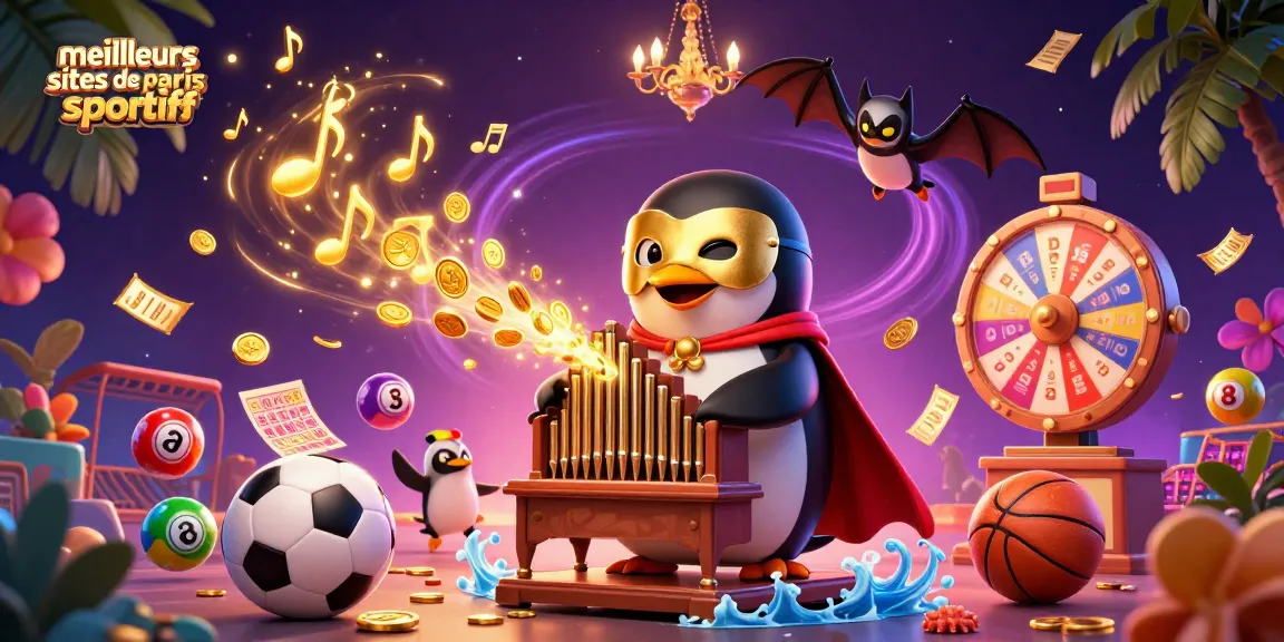 Les meilleurs sites de paris sportifs sont représentés par un pingouin jouant de l'orgue, entouré de ballons de loterie et d'éléments de jeux dynamiques.