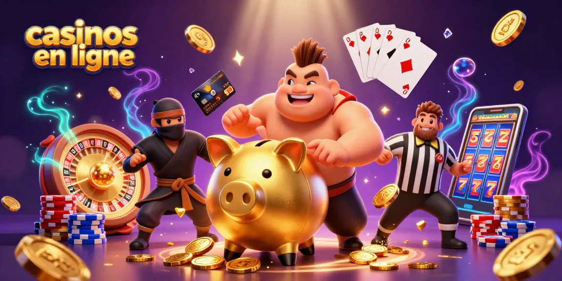 La scène de jeux de casinos en ligne avec un sumo et un ninja, des pièces dorées et des effets lumineux